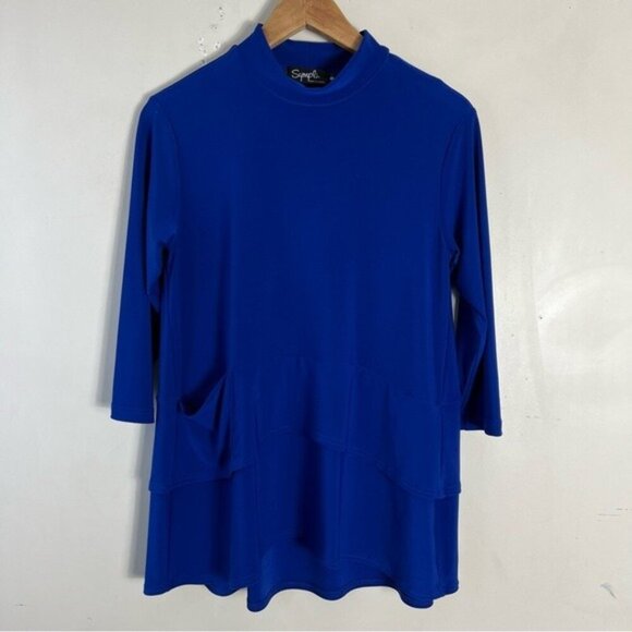 Sympli Royal Blue Mock Neck Tiered 3/4 Sleeve Tunic Top Slinky Flowy Travel - Picture 1 of 10